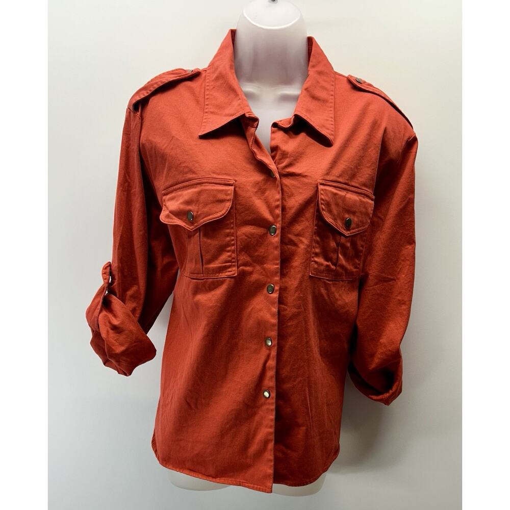 Susan Graver Cotton Shirt Women 2X Orange Button Down w Rolled Sleeve.